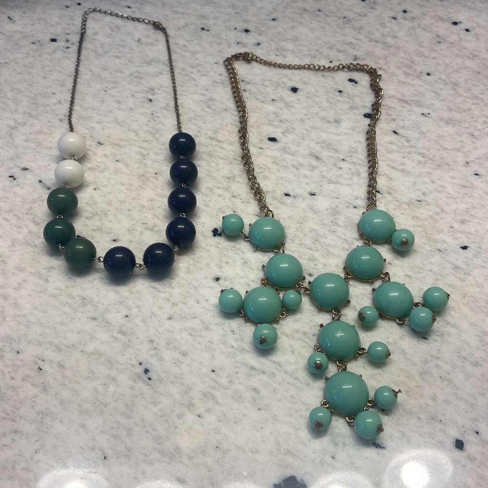 Pair of 2 fashion necklaces: navy, green and white and Gold tone Green Necklace